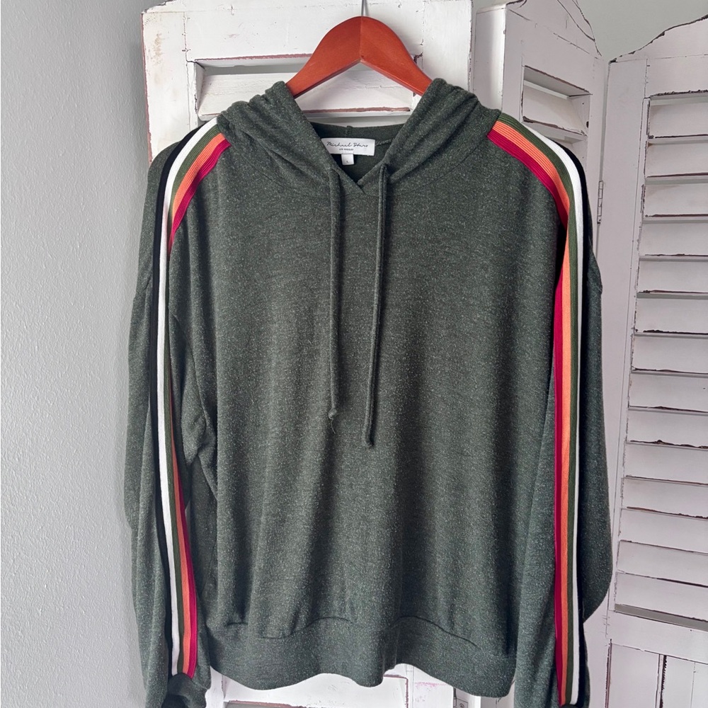 Michael Stars Olive Green Hoodie with Red, Pink & Cream Shoulder Stripes